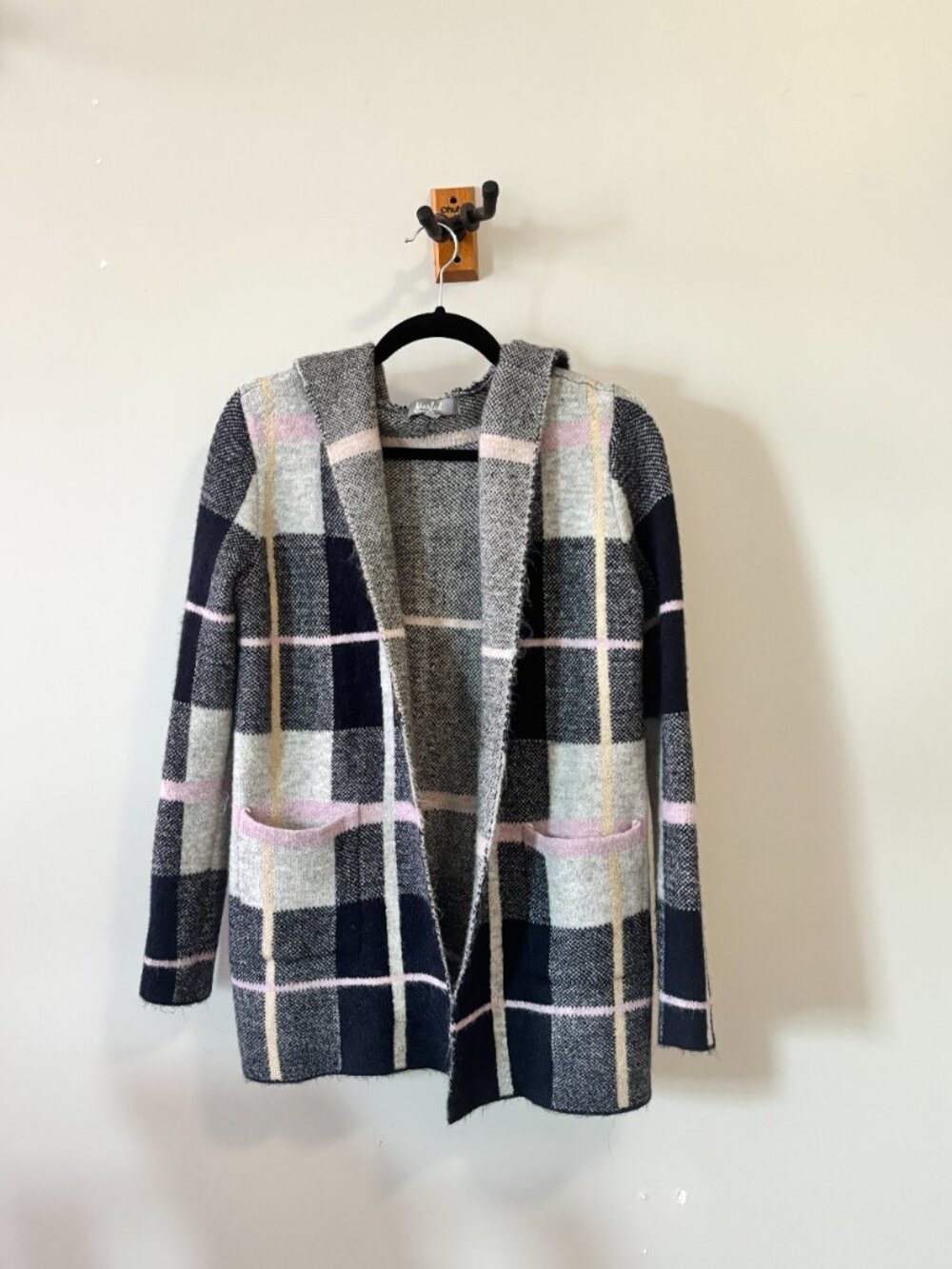 Marled •  Plaid Open-Front Hooded Plaid Cardigan